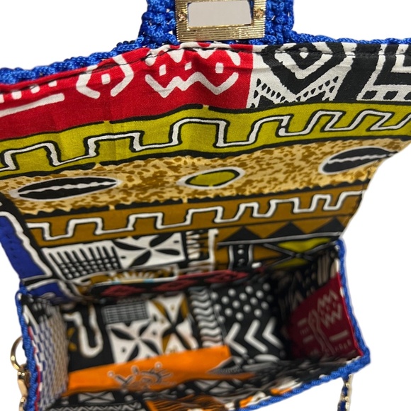 Handmade Blue African Print Satchel Shoulder Handbag - Picture 2 of 6